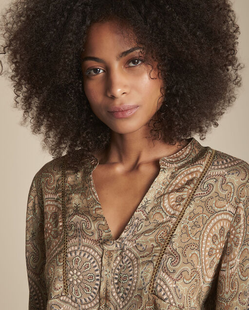 Blouse kaki imprimé cachemire martine jaune pale.