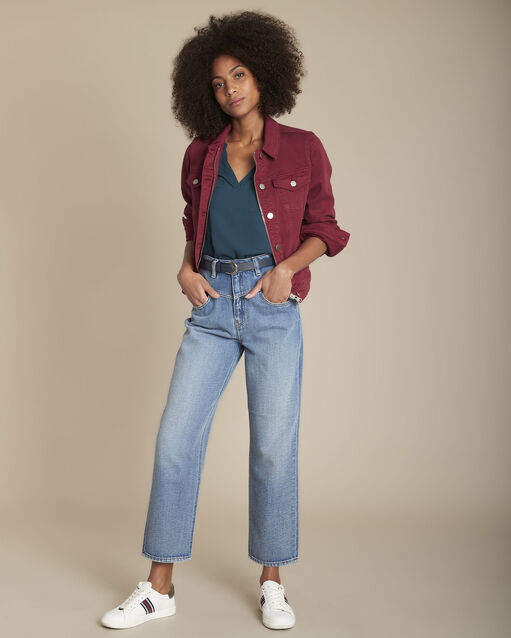 Dennengroene blouse uit twee materialen met tunesische kraag genna cypres.
