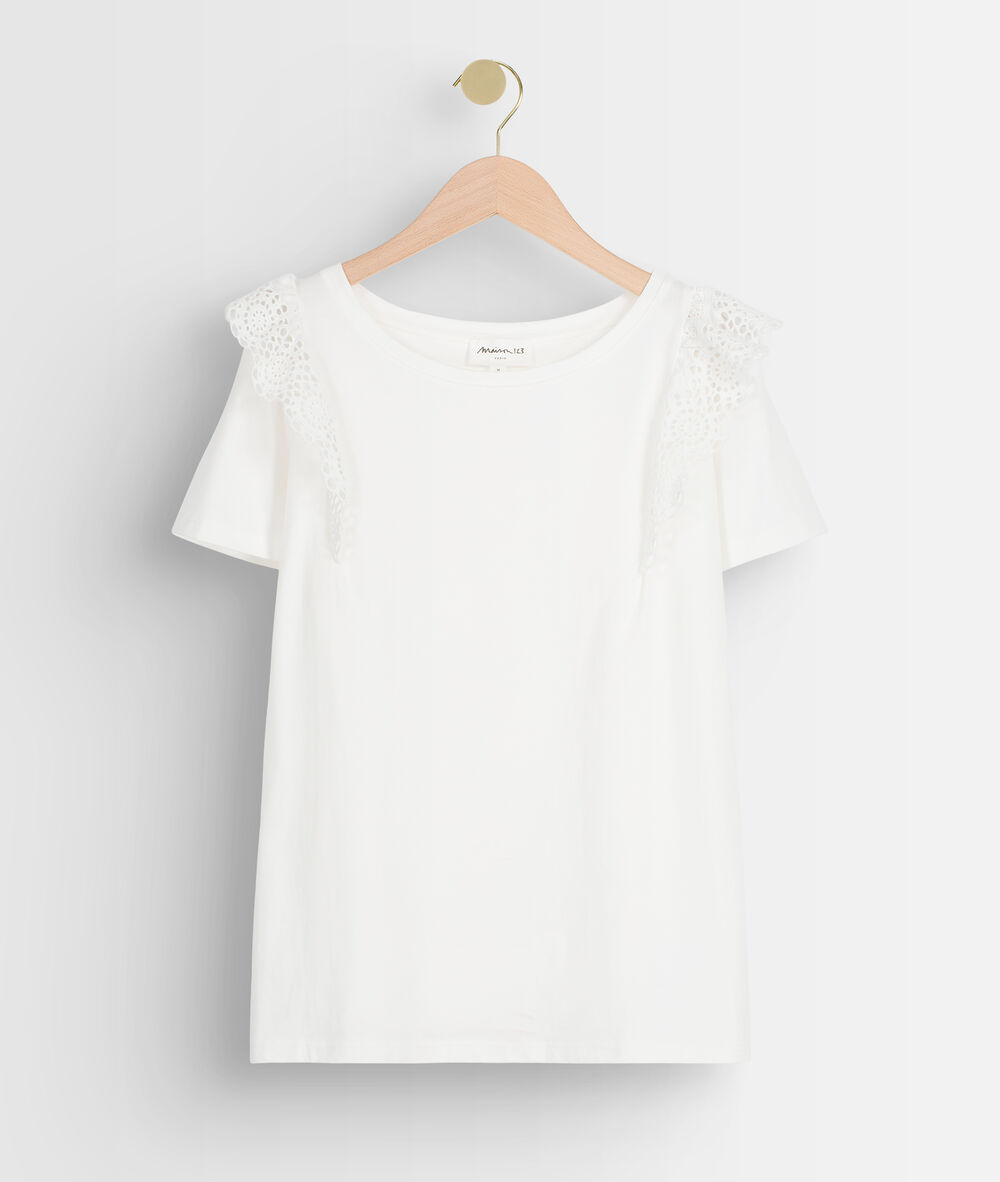 Tee-shirt en coton biologique à broderies blanc eclat ecru.