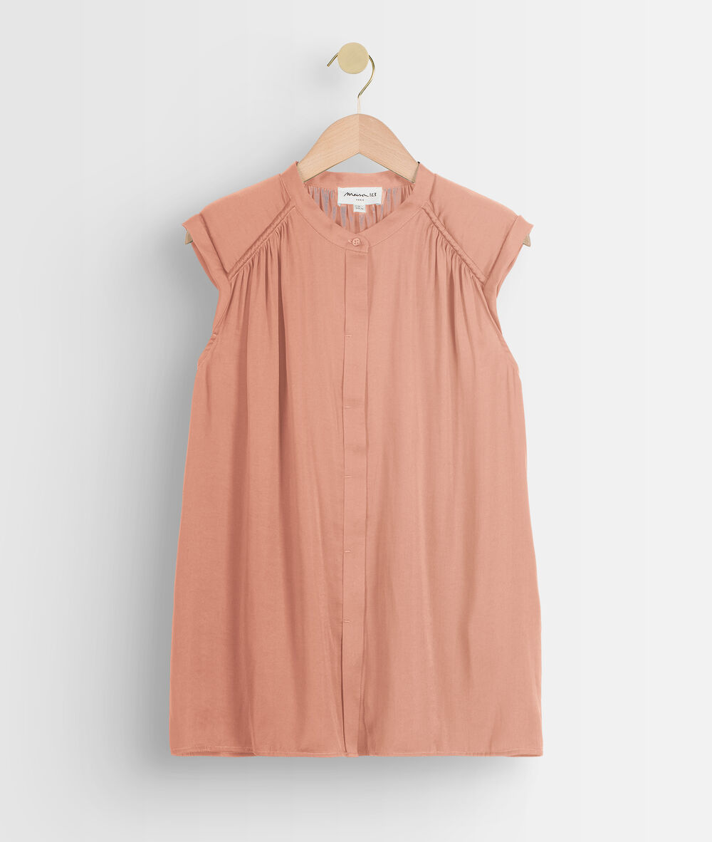 Rozenhoutkleurige, glanzende top met schoudervulling tracy bois de rose.