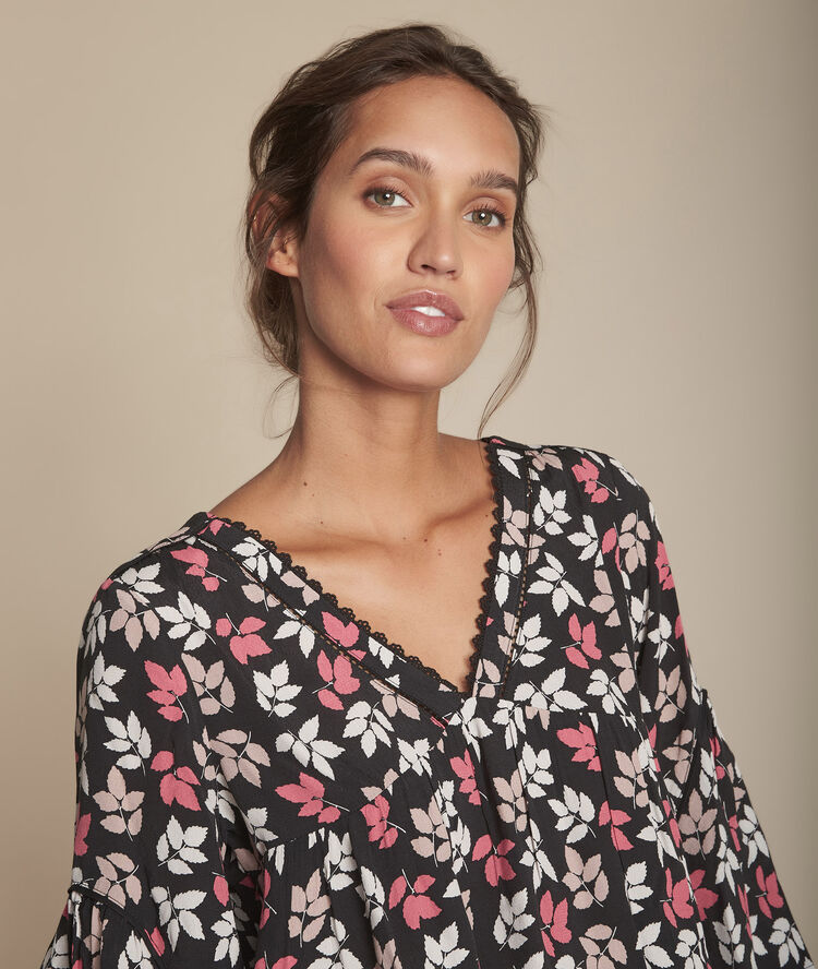 Zwarte blouse met print met blaadjes miami noir.