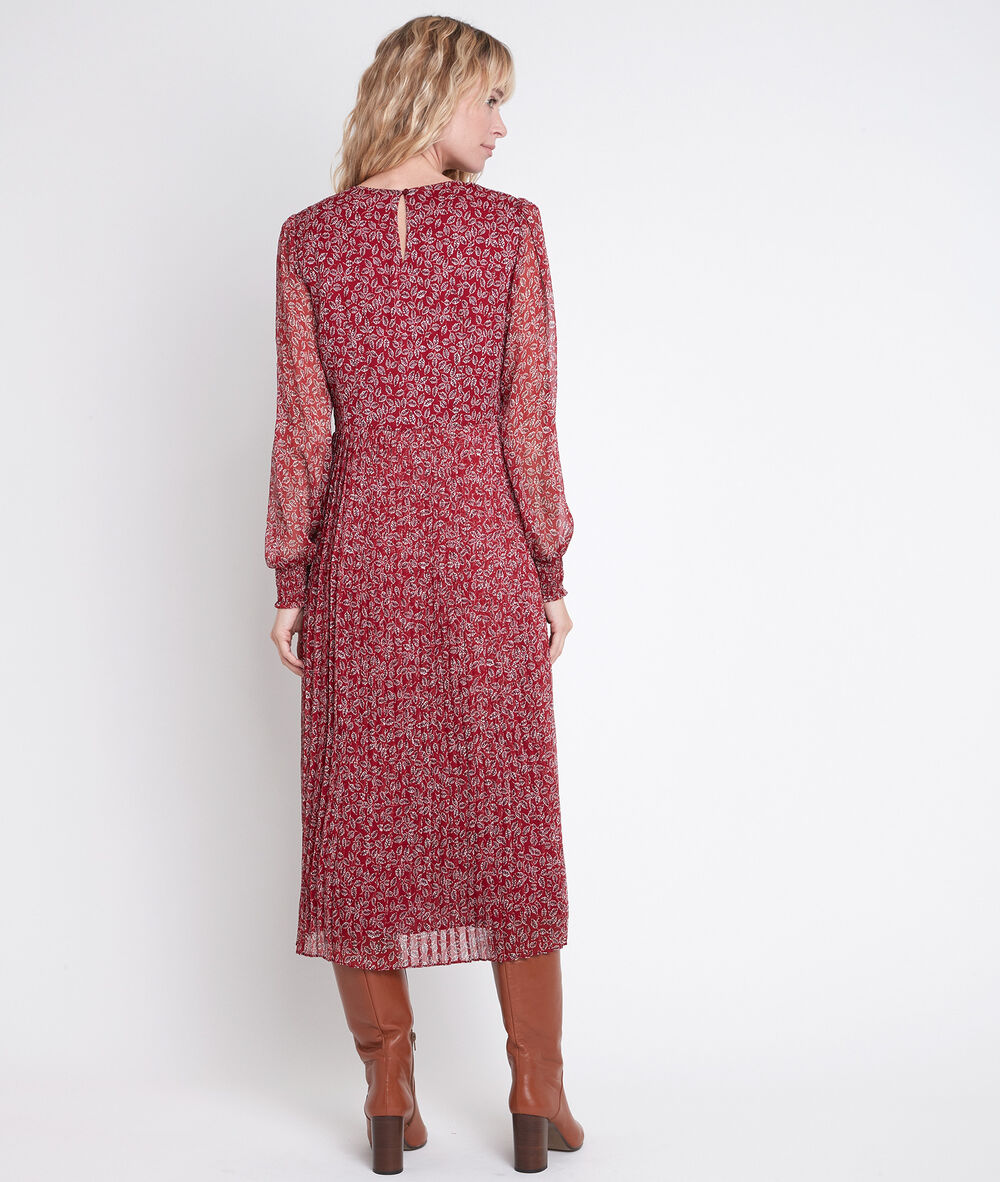 Robe rouge plissée imprimé fleuri caresse bourgogne.