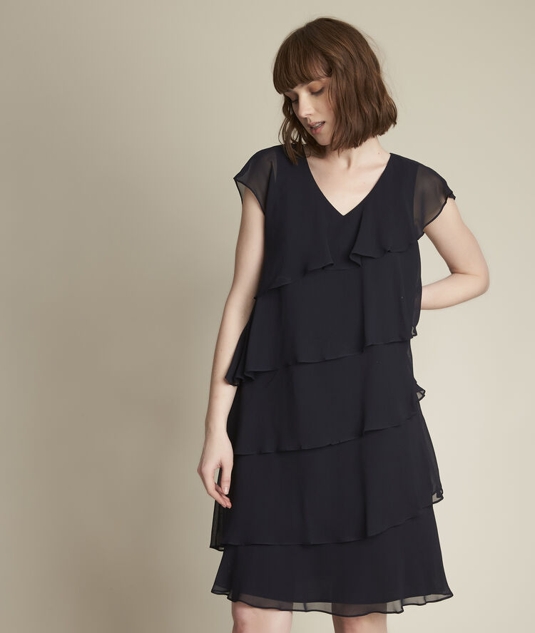 Robe marine en soie &agrave; volants oly marine.