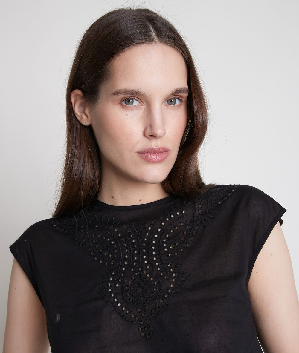T-shirt bimatière en coton brodé noir camille noir.