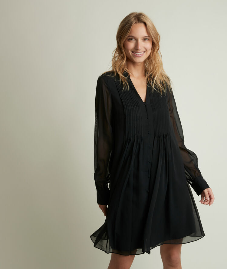 Zijden plooijurk coralie zwart.