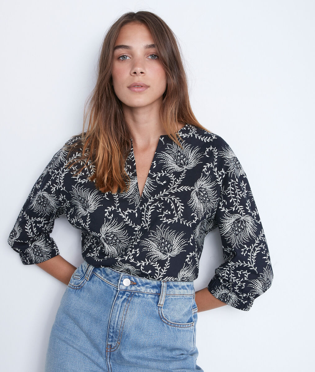 Blouse en coton imprimé noir et blanc Amel | 1-2-3 Blouse en coton imprimé noir et blanc Amel PhotoZ | 1-2-3