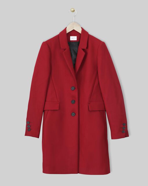 Manteau droit rouge en laine mélangée plume grenade.