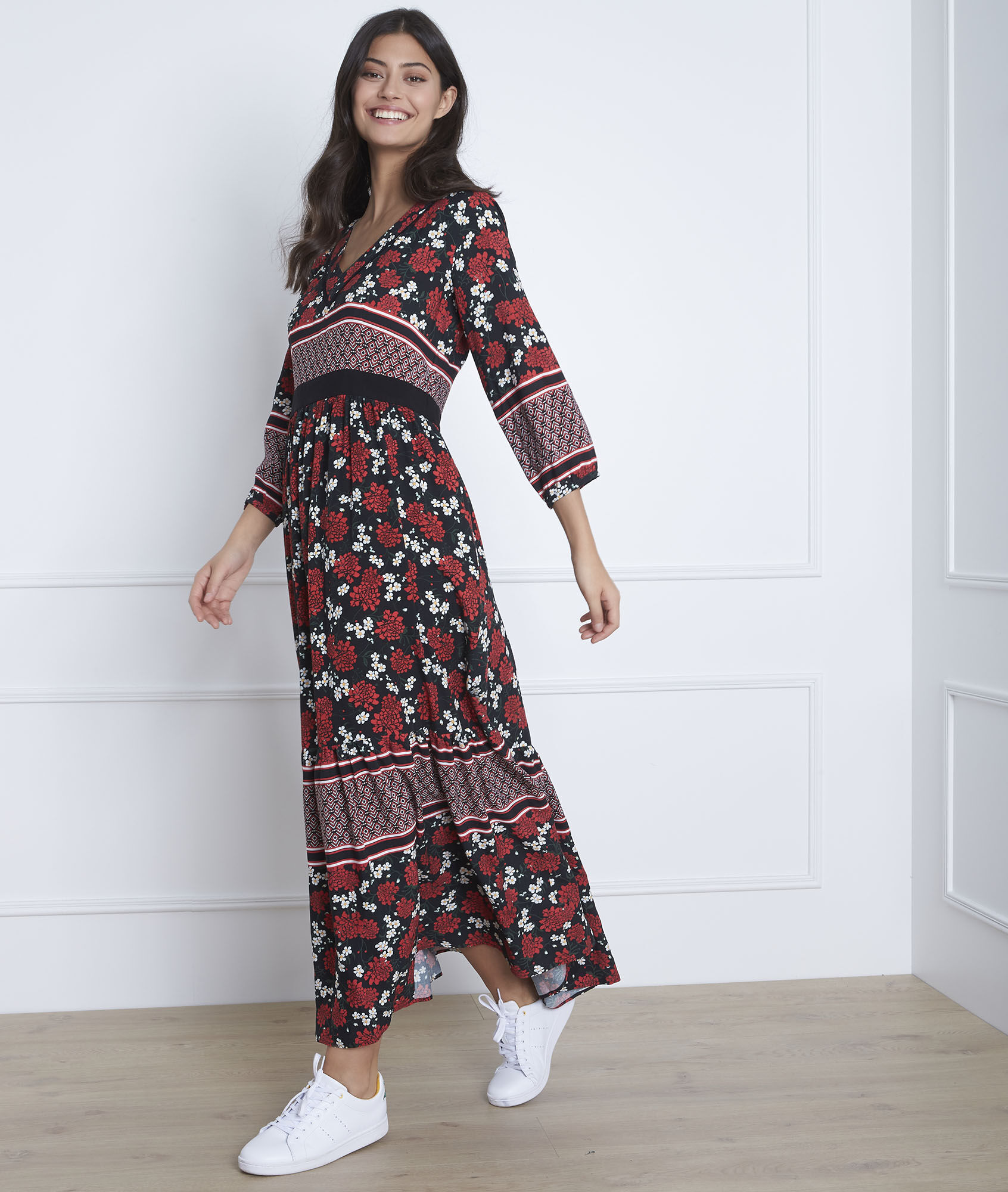 Robe Noire Imprimée Longue Lisette Maison Cent Vingt Trois