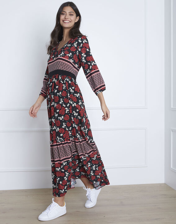 Robe noire imprimée longue Lisette | 1-2-3 Robe noire imprimée longue Lisette PhotoZ | 1-2-3