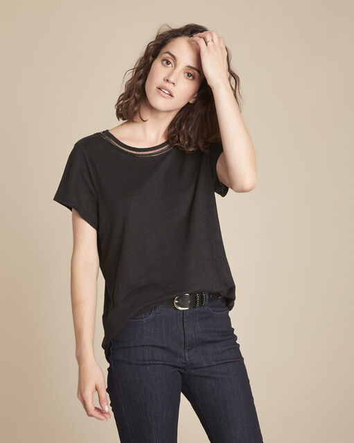 Schwarzes T-Shirt Leinen mit ausgefallenem Ausschnitt Panette (1) - Maison 123