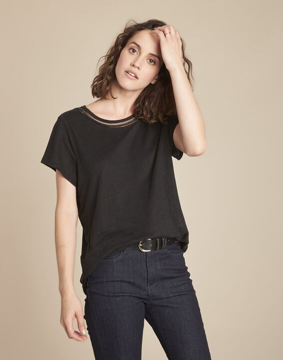 Tee-shirt noir en lin encolure fantaisie Panette | 1-2-3 Tee-shirt noir en lin encolure fantaisie Panette PhotoZ | 1-2-3