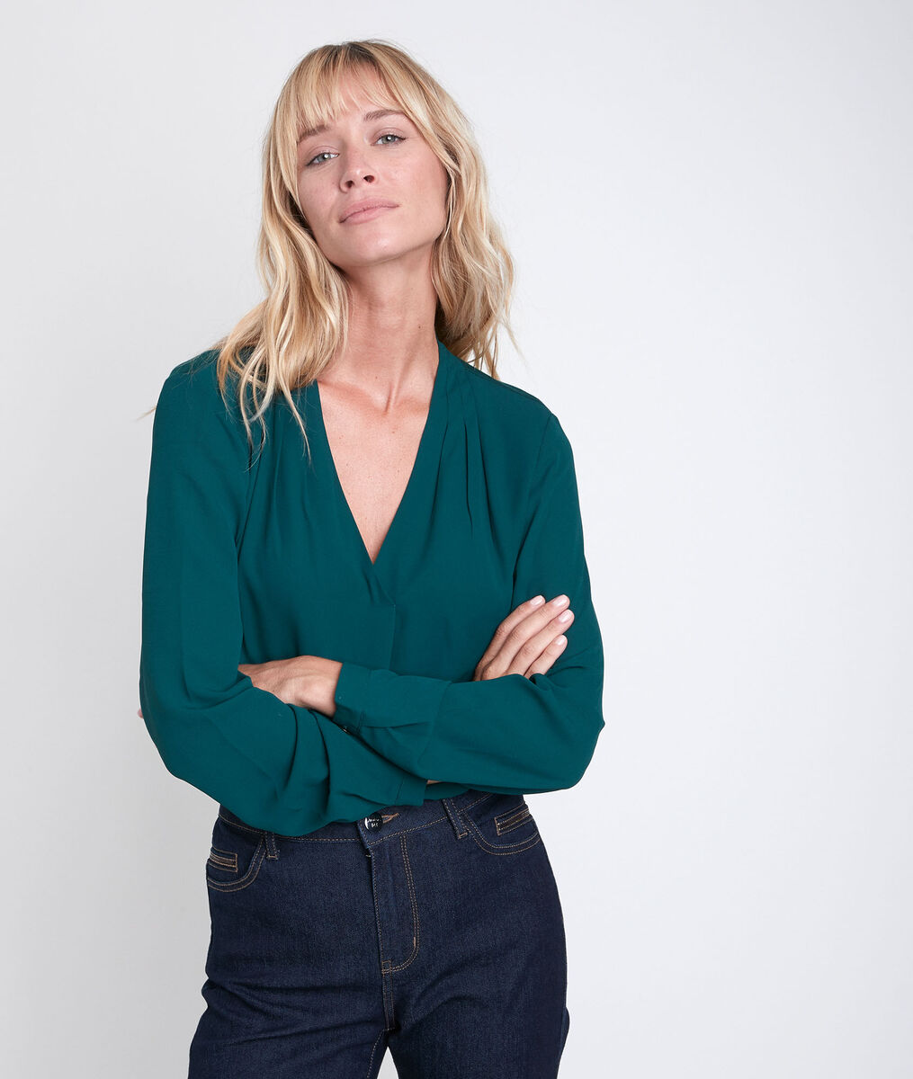 Blouse bimatière col V émeraude Davina | 1-2-3 Blouse bimatière col V émeraude Davina PhotoZ | 1-2-3