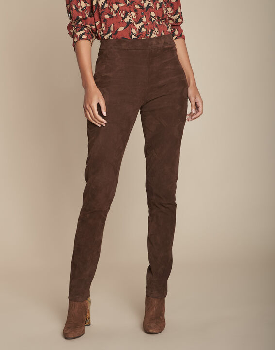 Pantalon legging marron en cuir velours Elsa | 1-2-3 Pantalon legging marron en cuir velours Elsa PhotoZ | 1-2-3