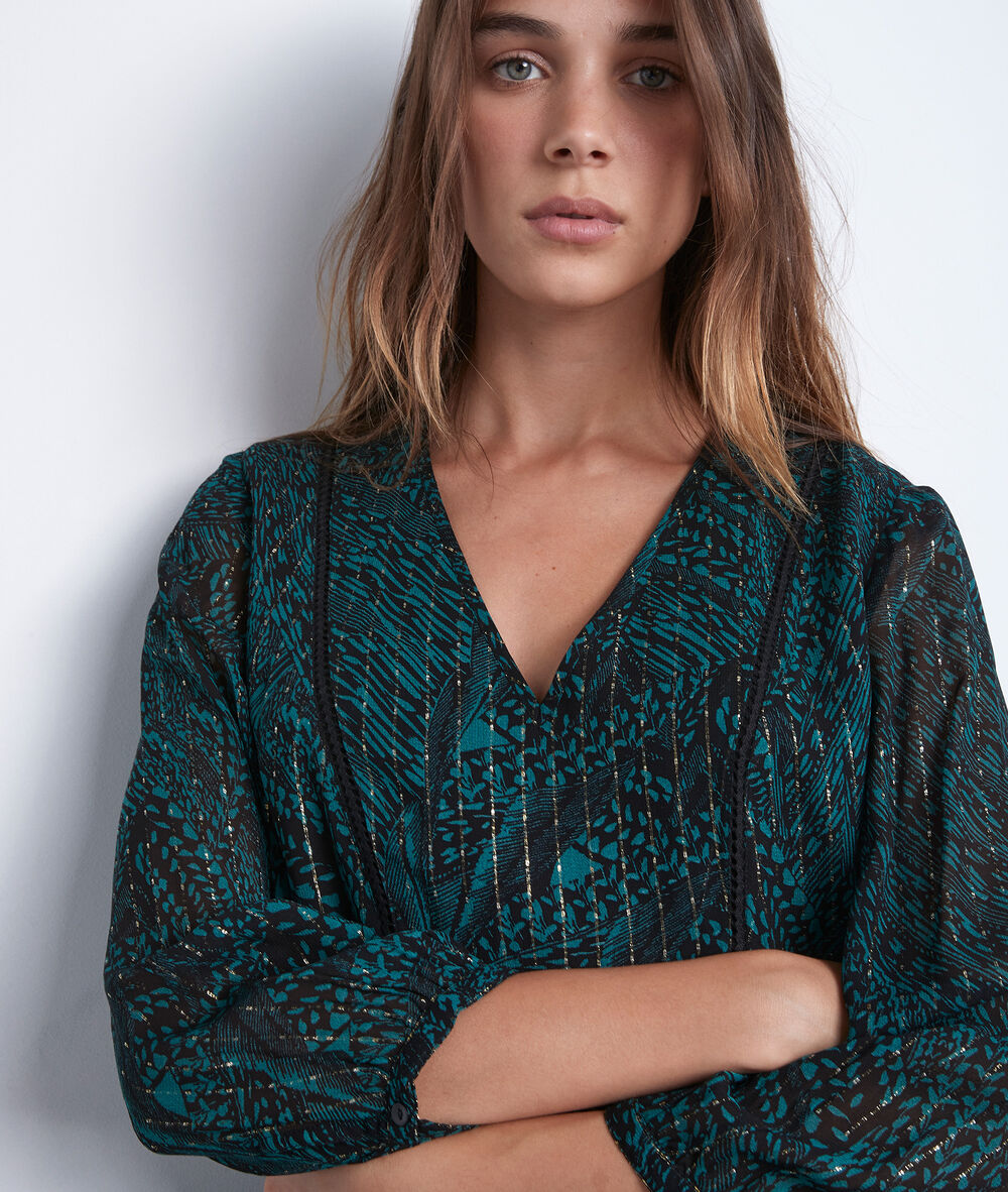 Robe courte et fluide imprimée verte et noire soraya cypres.