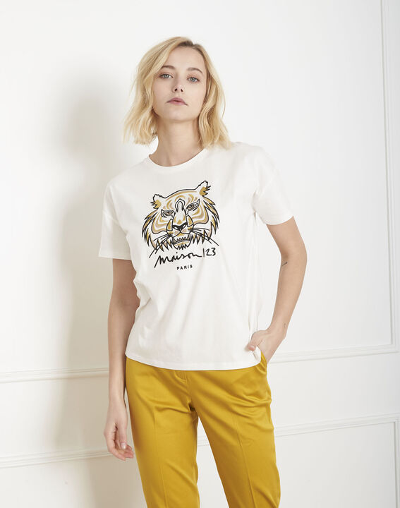 Ecrufarbenes T-Shirt mit Stickerei Tiger Primitif | 1-2-3 Ecrufarbenes T-Shirt mit Stickerei Tiger Primitif PhotoZ | 1-2-3