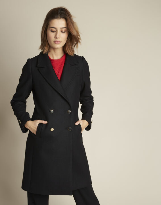 Manteau noir droit double boutonnage en laine Jeff | 1-2-3 Manteau noir droit double boutonnage en laine Jeff PhotoZ | 1-2-3
