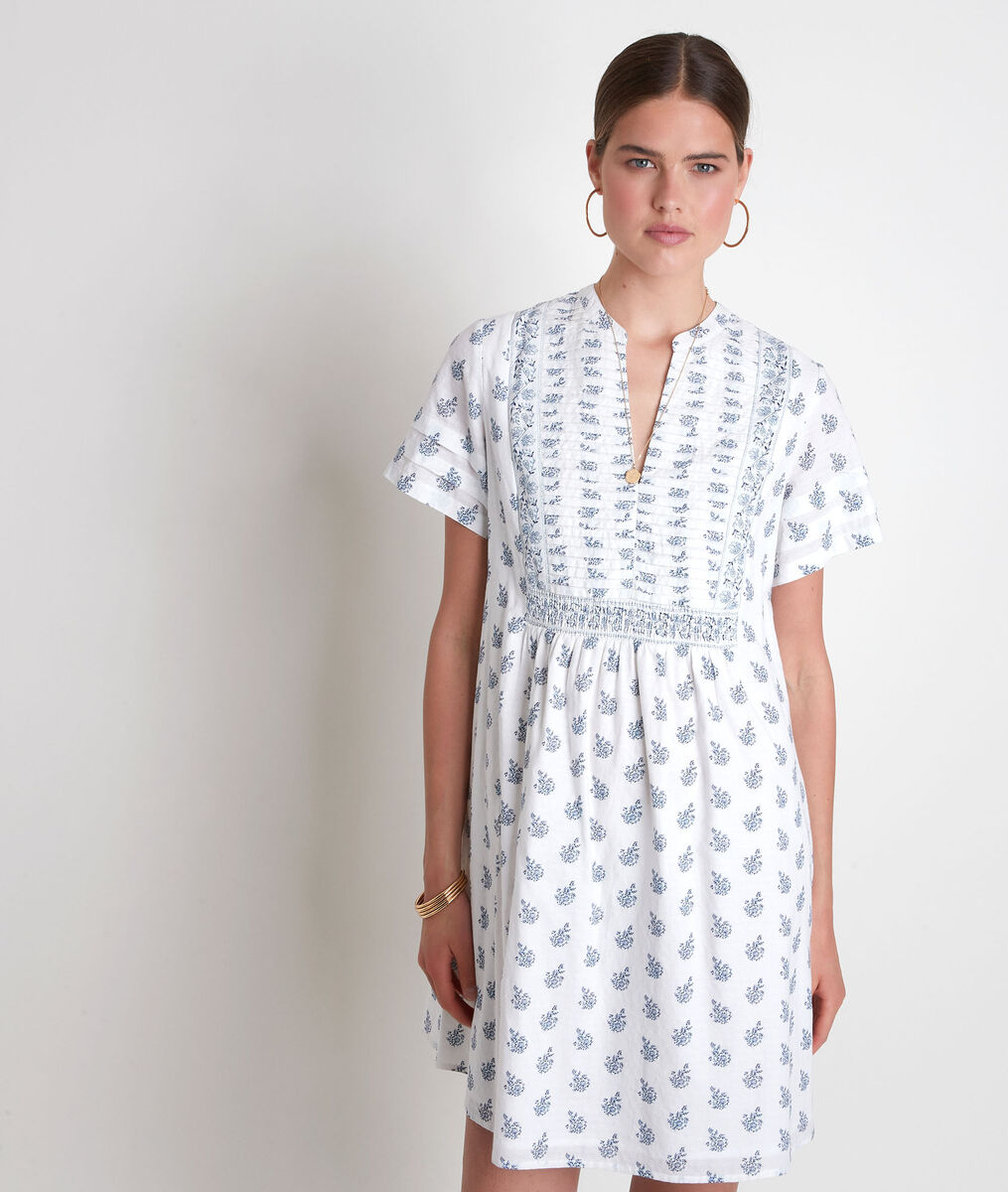 Robe courte en coton imprimé blanc et marine Soledad | 1-2-3 Robe courte en coton imprimé blanc et marine Soledad PhotoZ | 1-2-3