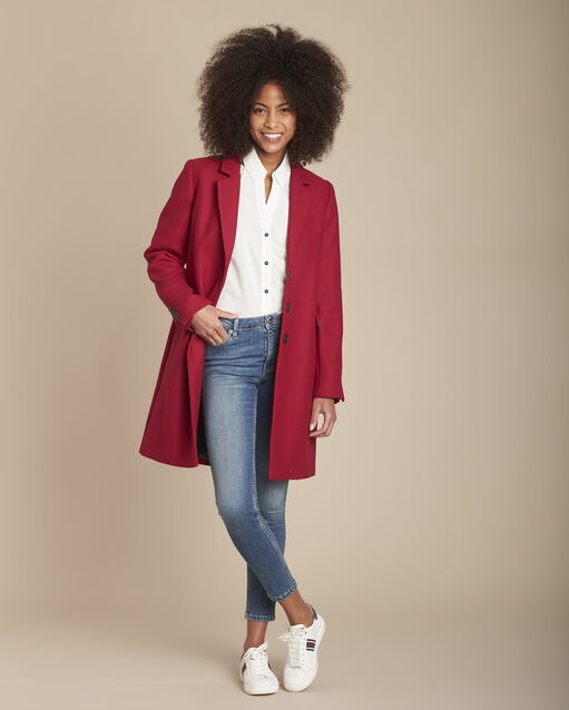 Manteau droit rouge en laine m&eacute;lang&eacute;e plume grenade.