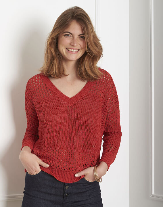 Pull rouge maille ajourée Alba | 1-2-3 Pull rouge maille ajourée Alba PhotoZ | 1-2-3