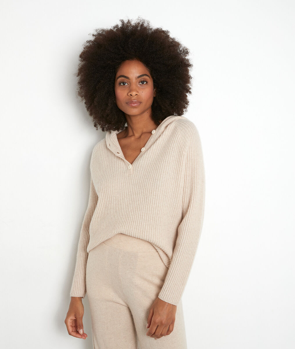 Pull à capuche en cachemire recyclé beige Teddy | 1-2-3 Pull à capuche en cachemire recyclé beige Teddy PhotoZ | 1-2-3