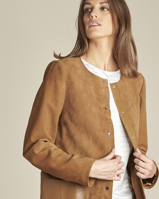 Manteau long camel cuir velours et détails cuir tamara camel.
