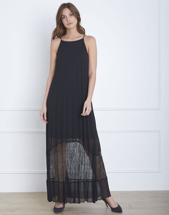Robe noire plissée longue dentelle Hedda | 1-2-3 Robe noire plissée longue dentelle Hedda PhotoZ | 1-2-3