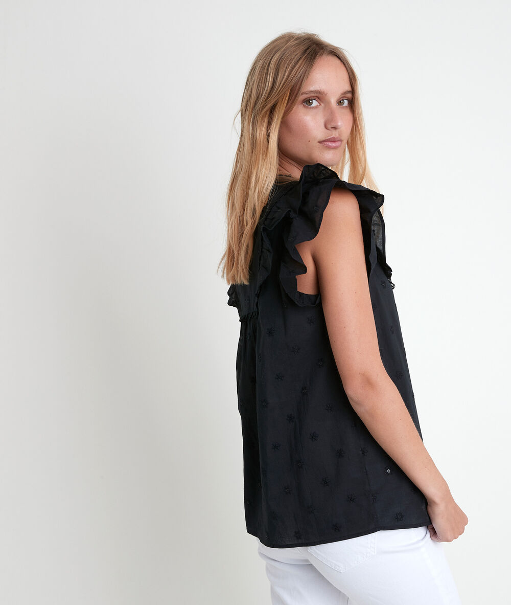 Blouse en coton biologique brodée tarin noir.
