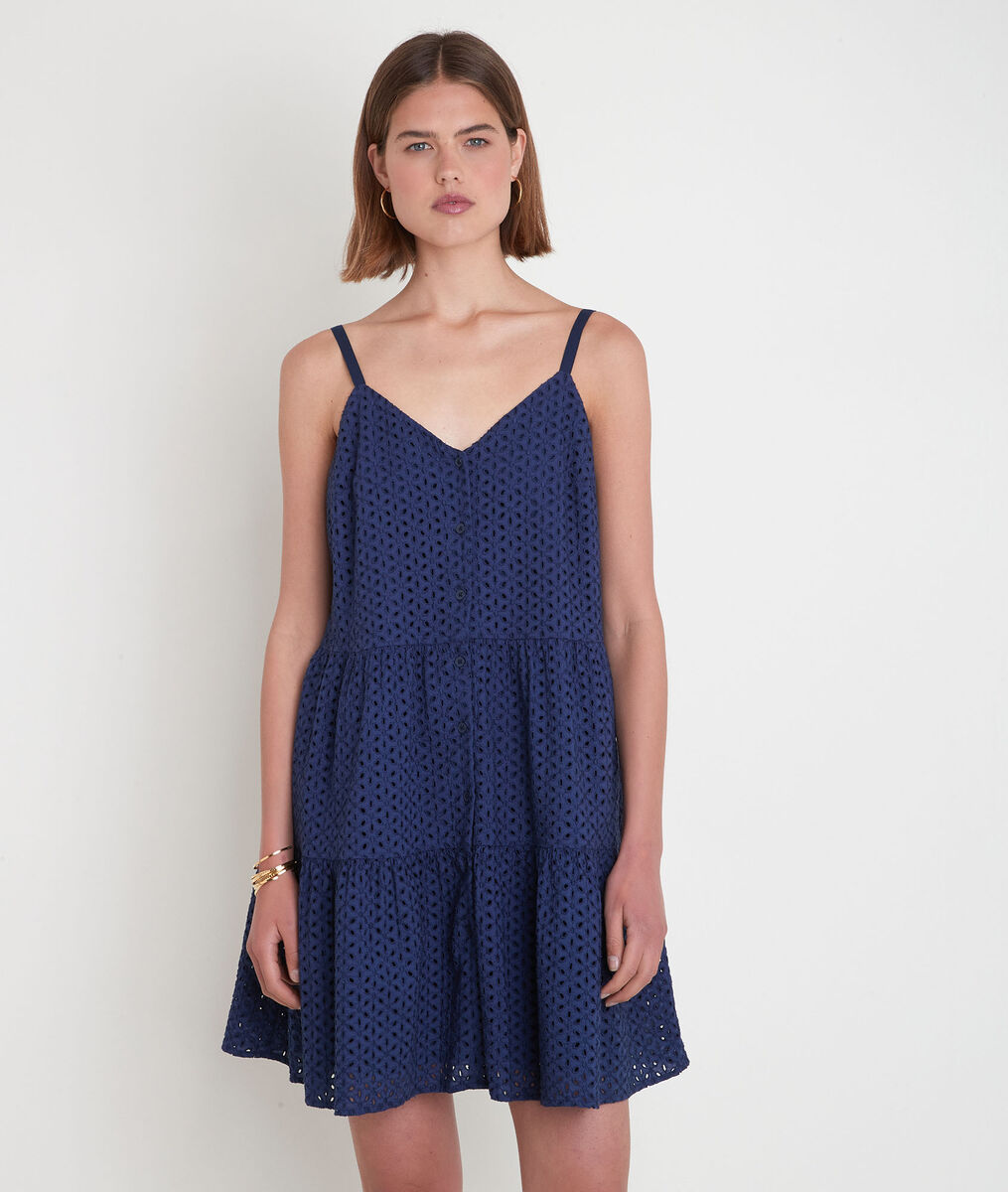Robe mini à bretelles en broderie anglaise marine Samia | 1-2-3 Robe mini à bretelles en broderie anglaise marine Samia PhotoZ | 1-2-3