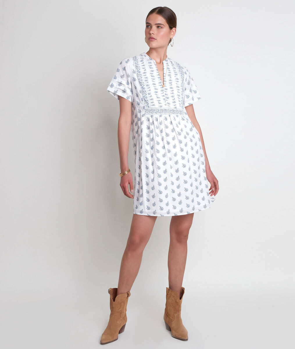 Robe courte en coton imprimé blanc et marine Soledad | 1-2-3 Robe courte en coton imprimé blanc et marine Soledad PhotoZ | 1-2-3