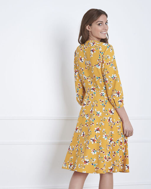 Robe jaune imprimé fleuri portefeuille laurene bouton d`or.