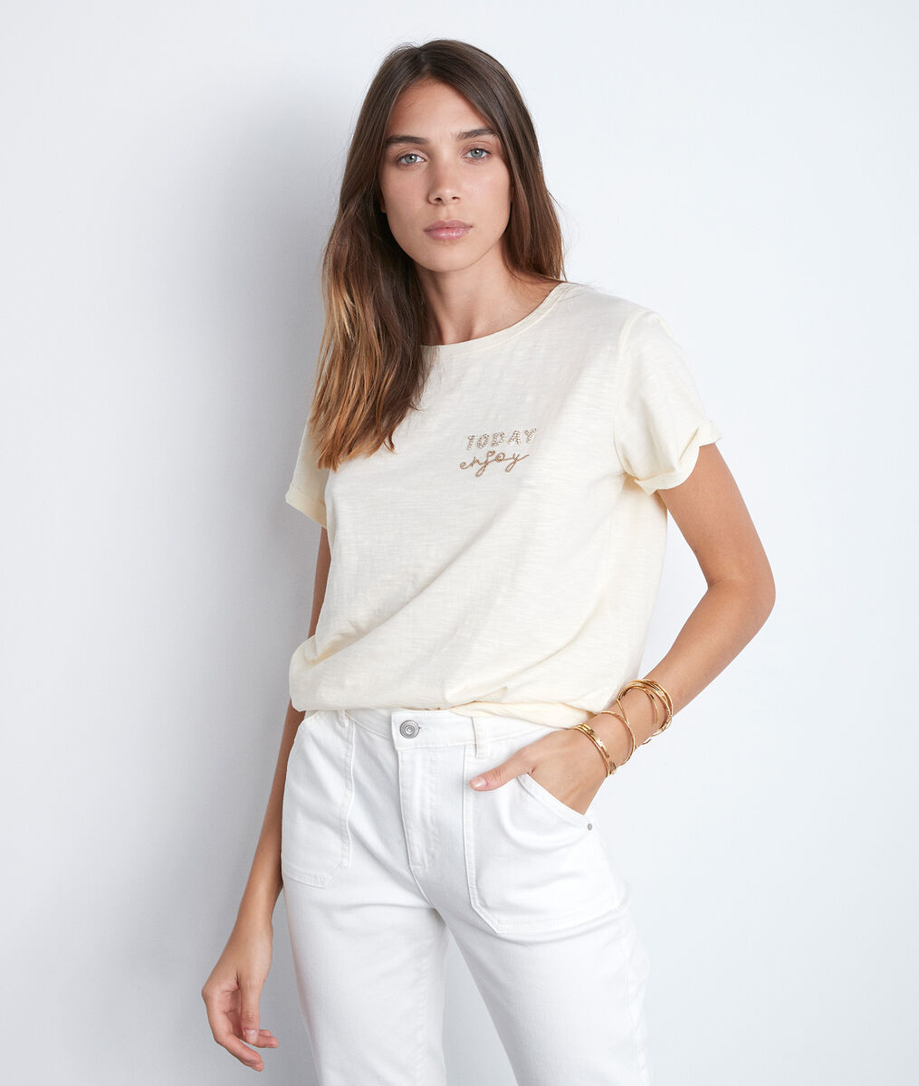 Vanillekleurig T-shirt met opschrift met strassteentjes Ipso | 1-2-3 Vanillekleurig T-shirt met opschrift met strassteentjes Ipso PhotoZ | 1-2-3