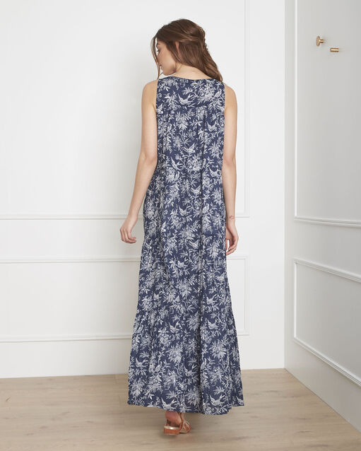 Robe bleue imprimé champetre longue luisa indigo fonce.