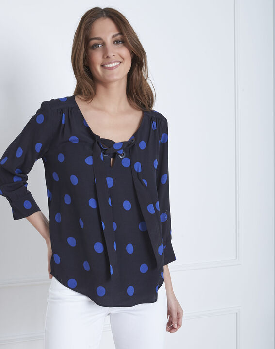 Blouse marine à pois encolure oeillets Versailles | 1-2-3 Blouse marine à pois encolure oeillets Versailles PhotoZ | 1-2-3