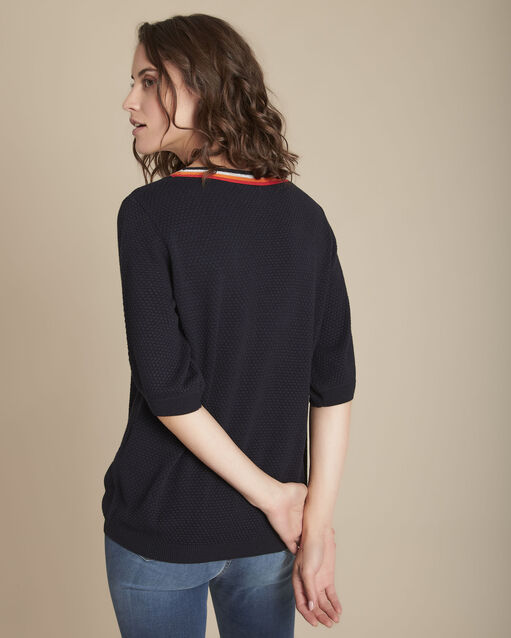 Pull marine col fantaisie faussette marine.