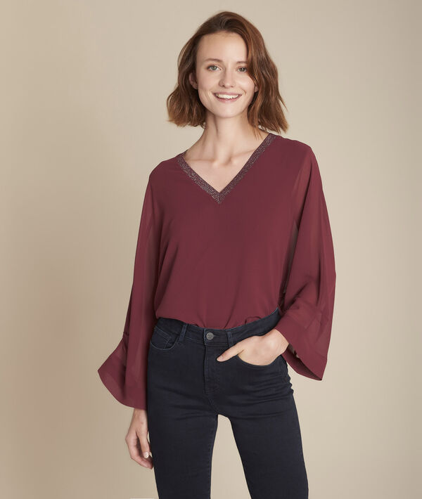 Blouse grenat col V brillant Mara | 1-2-3 Blouse grenat col V brillant Mara PhotoZ | 1-2-3