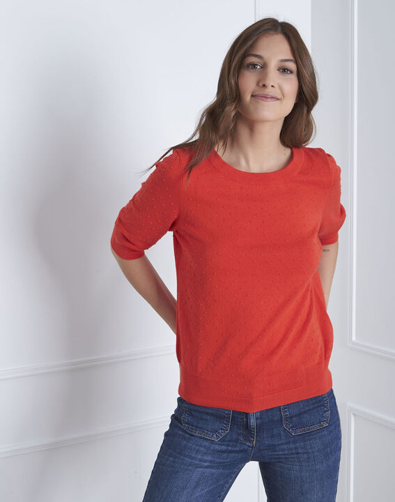 Pull rouge maille reliefée noeud gros grain Adriana | 1-2-3 Pull rouge maille reliefée noeud gros grain Adriana PhotoZ | 1-2-3