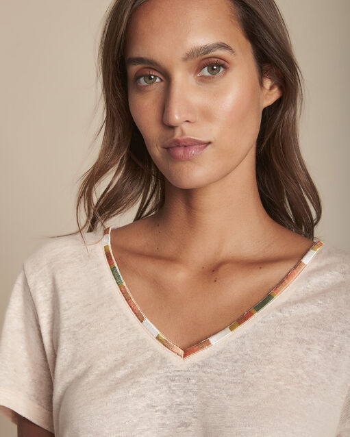 Tee-shirt rose en lin capri peche.