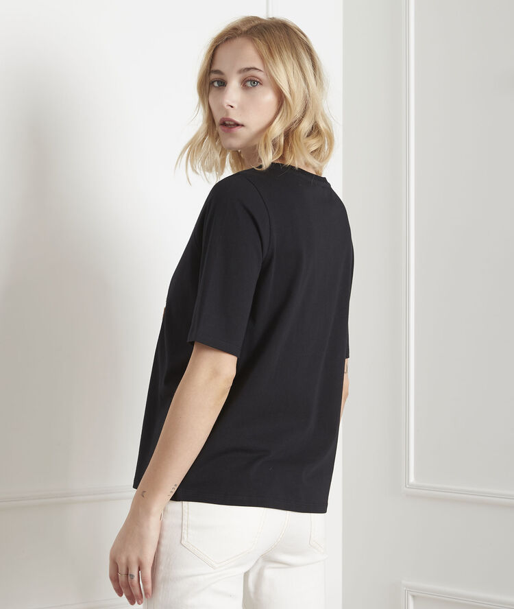 Tee-shirt noir imprimé sequins paillote noir.