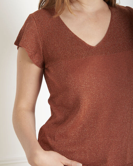 Pull acajou ajouré et lurex ariel sable.