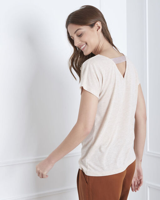 Tee-shirt beige broderie plume pandore naturel.