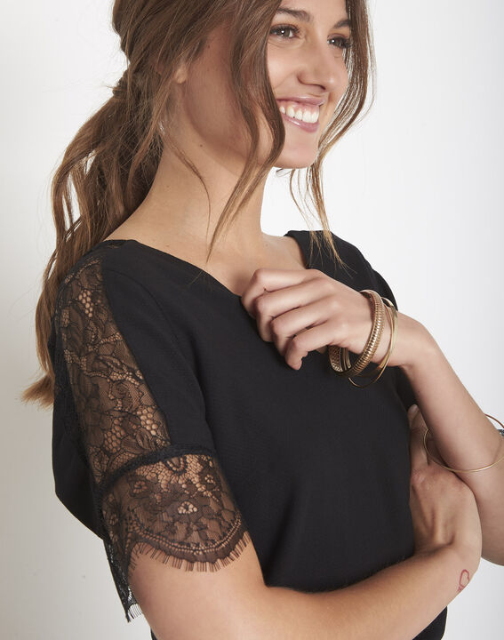 Blouse noire dentelle bimatière Voyage | 1-2-3 Blouse noire dentelle bimatière Voyage PhotoZ | 1-2-3