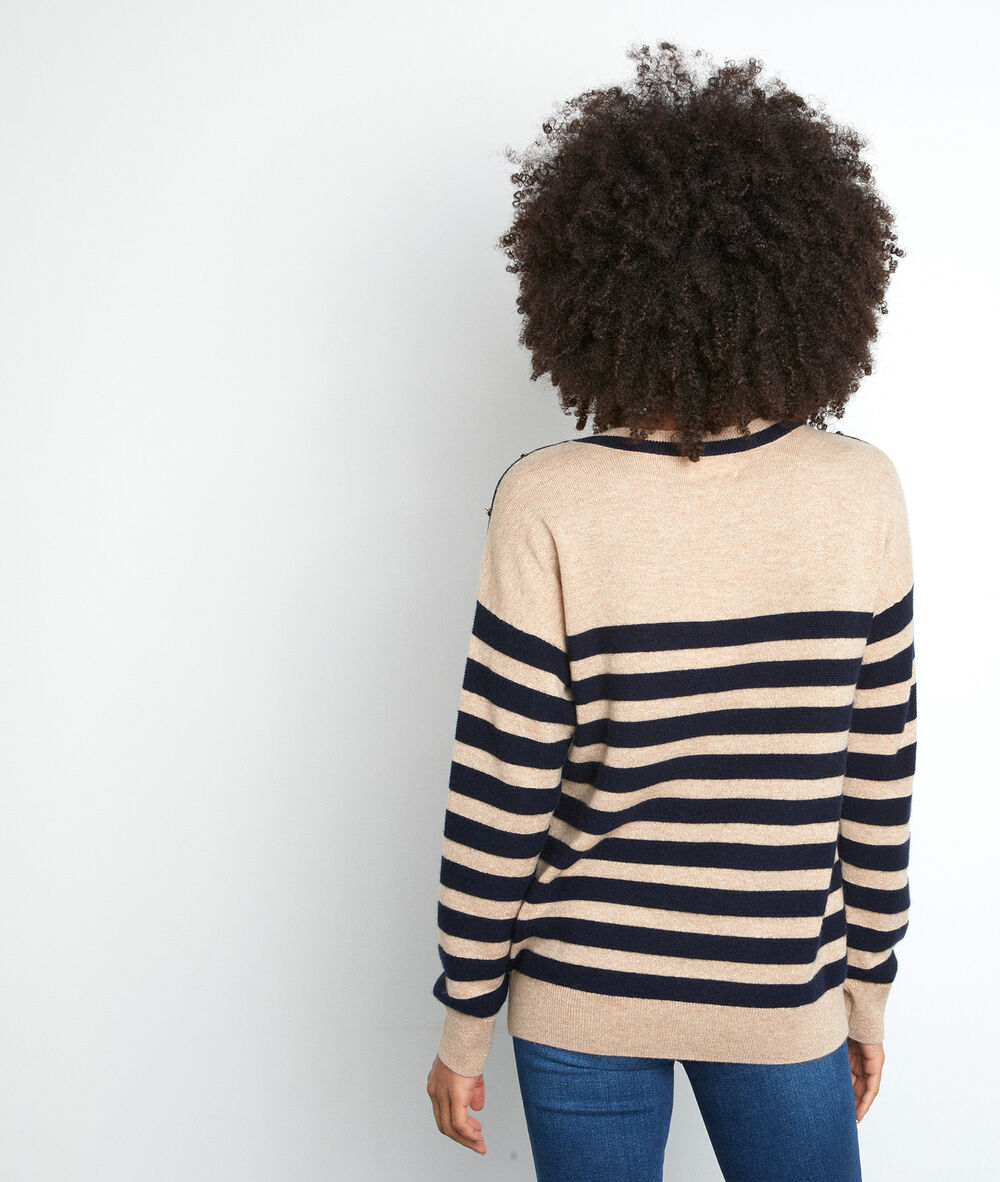 Pull en laine et cachemire rayé beige et bleu tiffany camel clair.