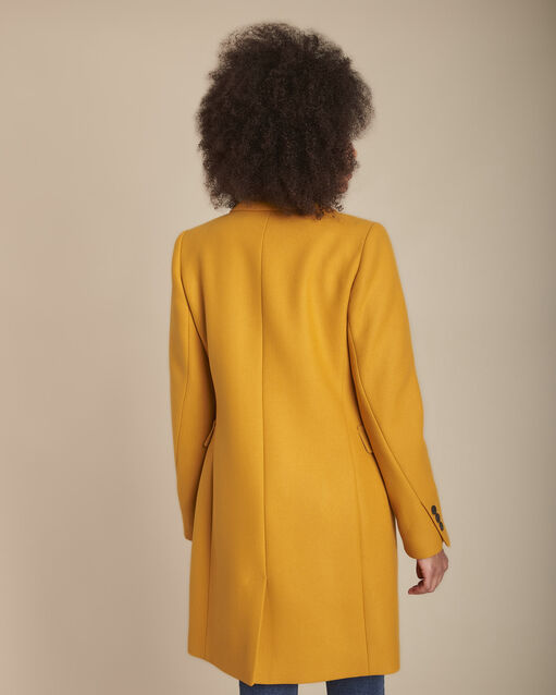 Manteau jaune en laine mélangée droit plume ocre.