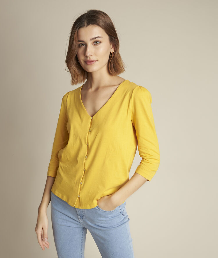Tee-shirt boutonn&eacute; jaune rosace miel.