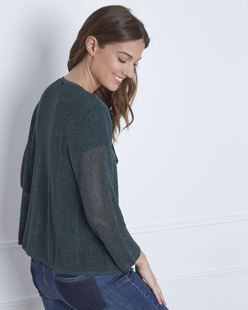 Gilet vert foncé irisé maille ajourée noisette foret.