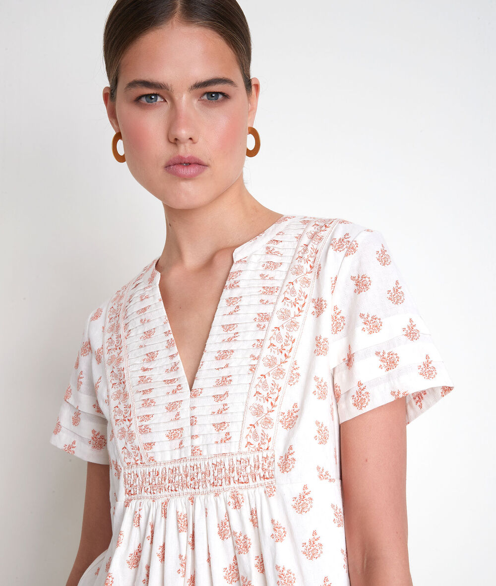 Robe courte en coton imprimé blanche soledad pêche.