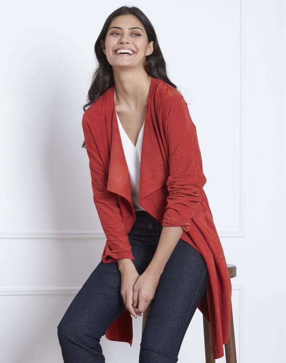 Manteau rouge col chale cuir velours Dgaston | 1-2-3 Manteau rouge col chale cuir velours Dgaston PhotoZ | 1-2-3