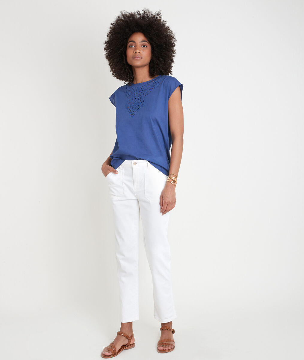 T-shirt bimatière en coton brodé bleu Camille | 1-2-3 T-shirt bimatière en coton brodé bleu Camille PhotoZ | 1-2-3