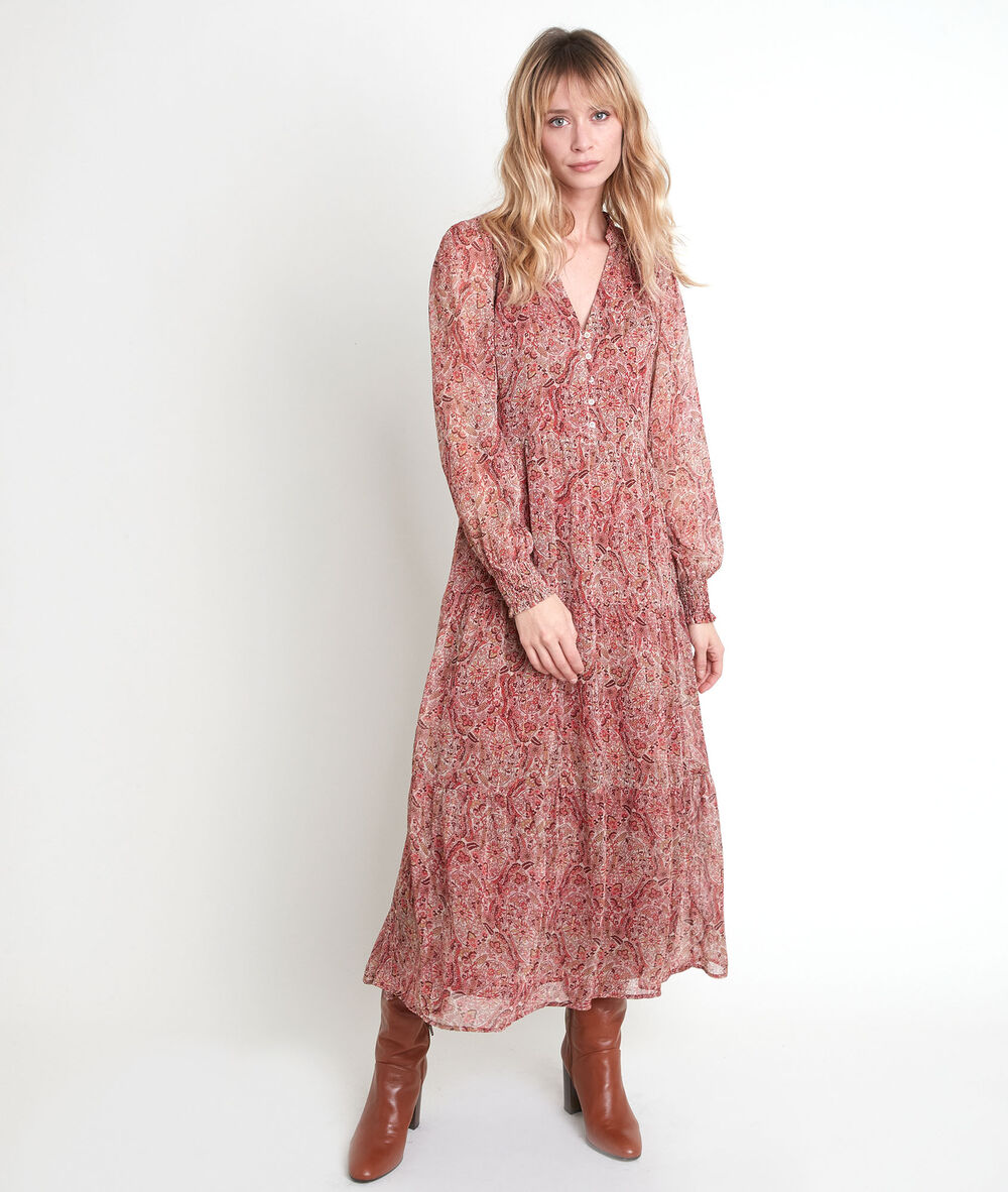 Beigefarbenes, langes kleid mit printmuster nada beige.