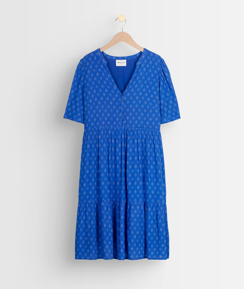 Robe mi-longue fluide imprimée myosotis laure myosotis.